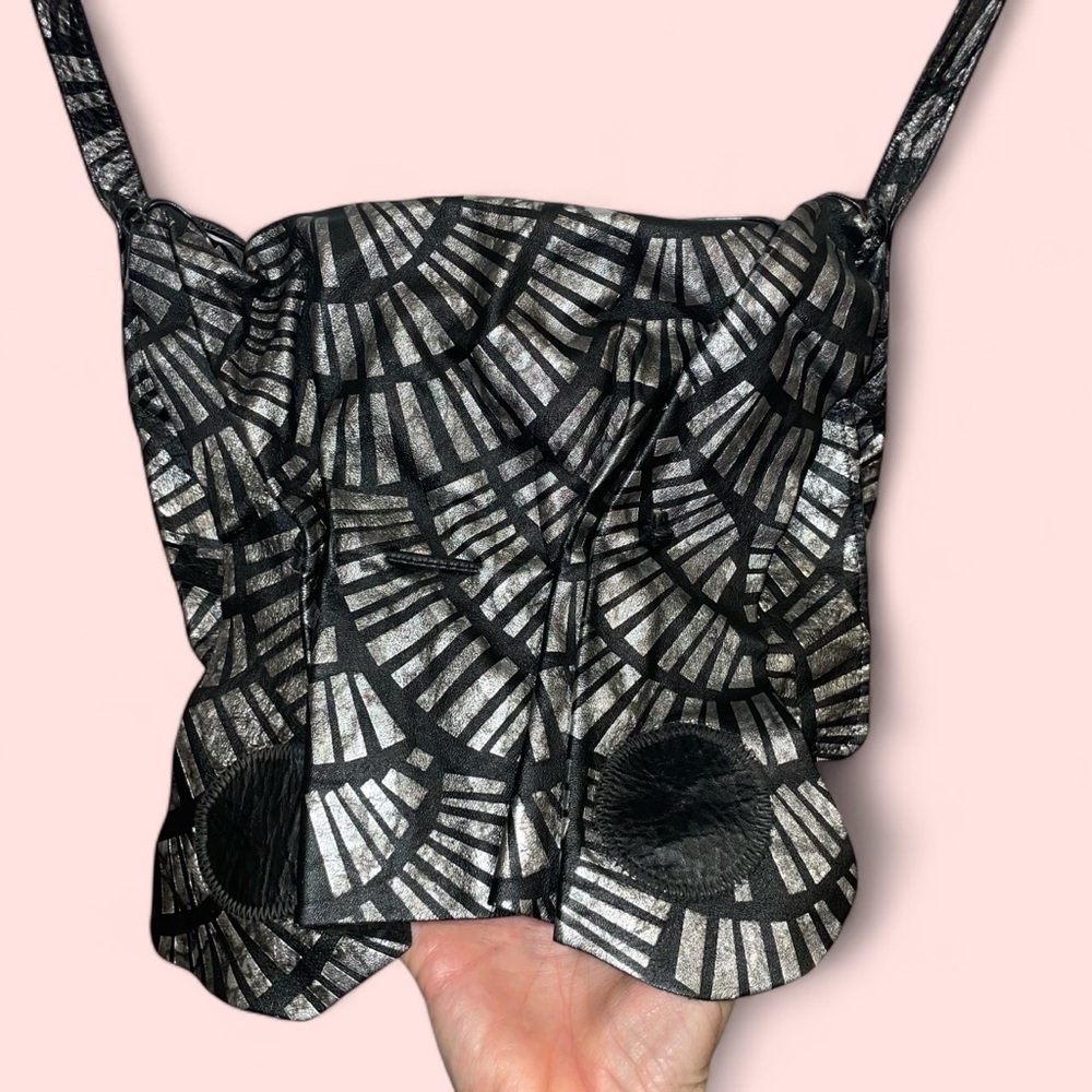 Groovy vintage black and silver metallic slouch hobo bag crossbody ruffle unique